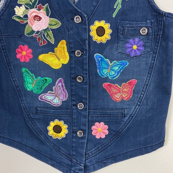 Embroidered Denim Vest Colorful Patches Women's Small Y2K 90s Retro Summer - Picture 2 of 5